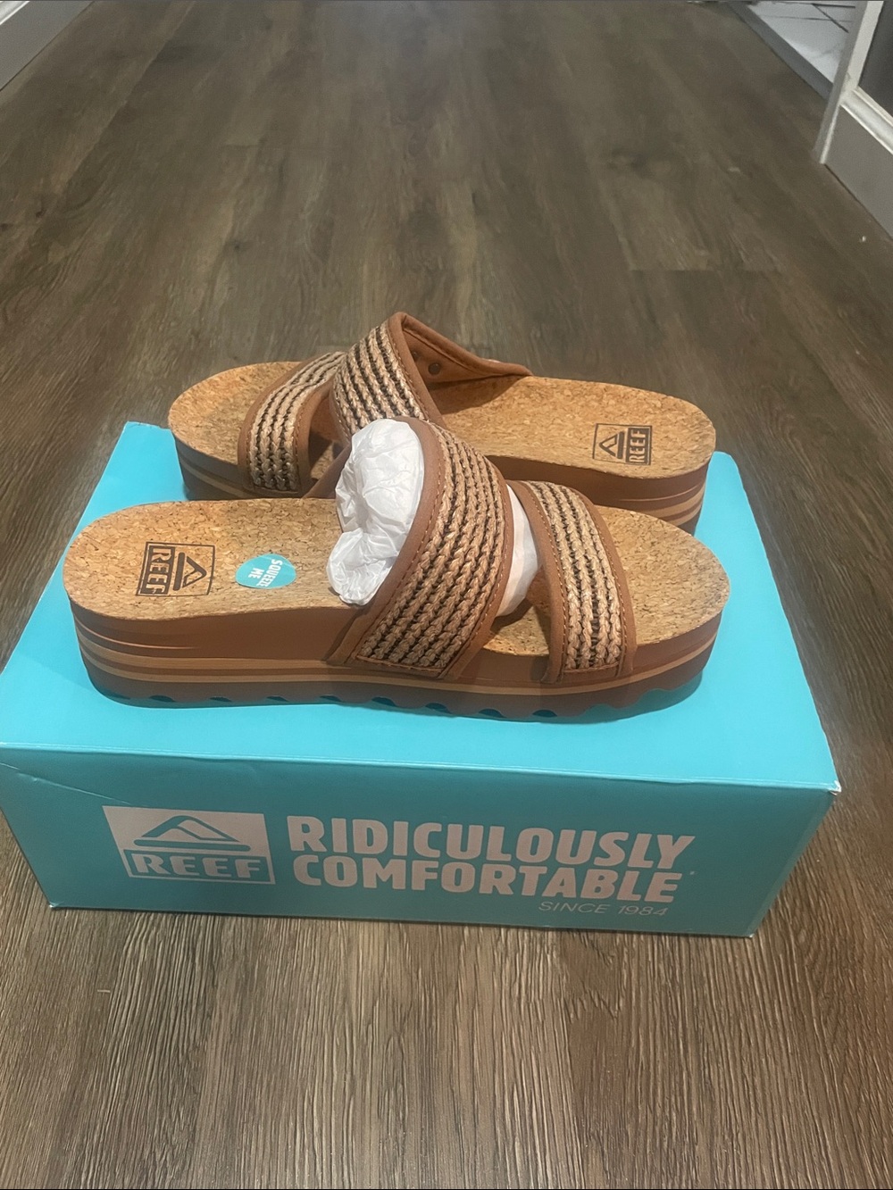 Reef Brown Braided Cork Platform Slide Sandals